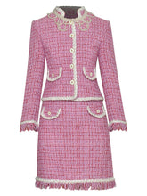 Load image into Gallery viewer, Roma Plaid Tweed Beading Stand Collar Single Breasted Jacket + Mini Skirt Two Piece Set