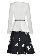 Load image into Gallery viewer, Astrid O-Neck Long Sleeve Belt White Tops + Print Skirt Office Lady Two Piece Set