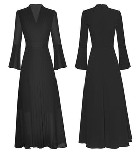 Lennon V-Neck Flare Sleeve Office Lady Solid Pleated Midi Dress