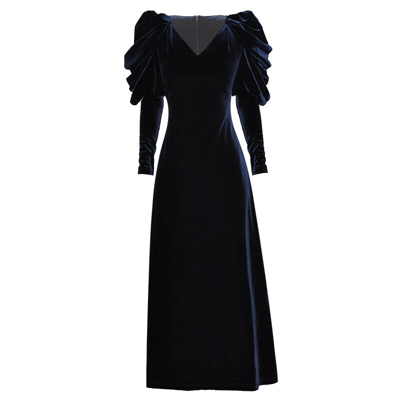 Addison Velvet Dress Women V-Neck Puff Sleeve Big Pendulum Vintage Party Long Dress