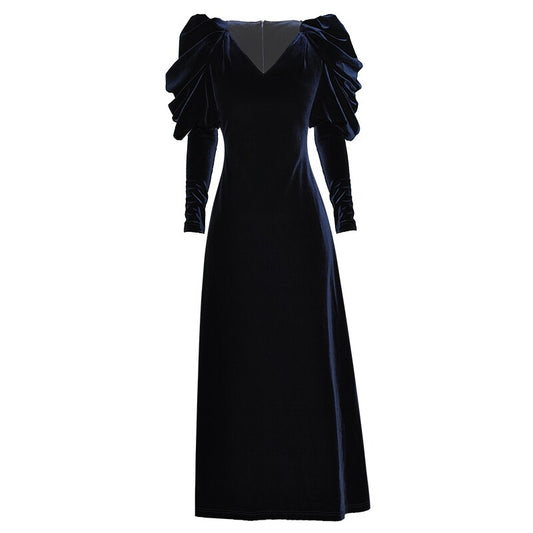 Addison Samtkleid Damen V-Ausschnitt Puffärmel Großes Pendel Vintage Party Langes Kleid