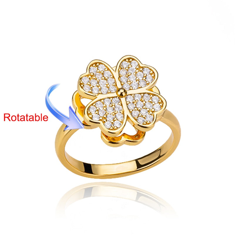 Rotating Four Clover Adjustable Rings Stainless Steel Wedding Ring