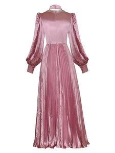 Imelda Crystal Diamonds O-Neck Lantern Sleeve Solid Vintage Party Pleated Dress
