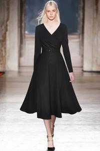 Elena V-Neck Folds Long Sleeves Belt Office Lady Midi Solid Dress