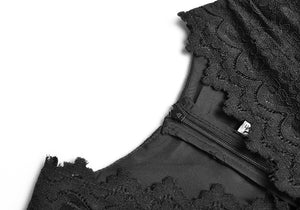 Abigail Lace V-Neck Long Sleeve Crystal Belt Mesh Patchwork Black Vintage Dress
