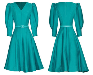 Delfina V-Neck Puff Sleeve Belt High Street Solid Short Dress