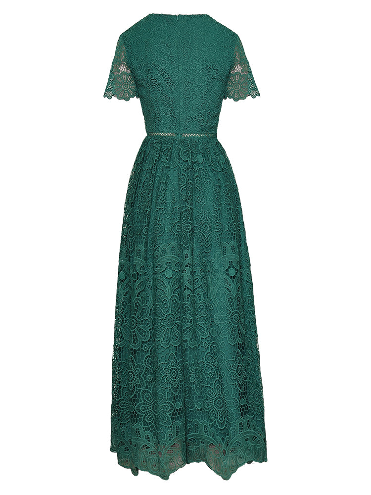 Brooke V-neck Floral Crochet Hollow-out High waist Vintage Green Party Dress
