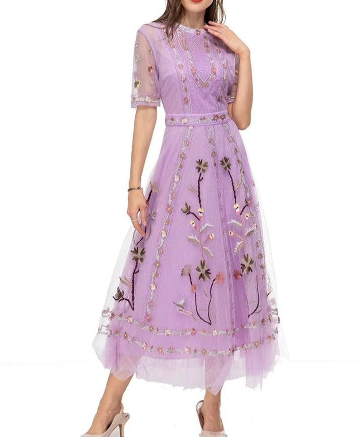 Emerson Mesh Dress Stand Collar Short Sleeve Flower Embroidery Vintage Long Dress