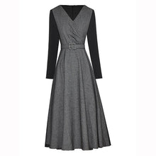 Load image into Gallery viewer, Elena V-Neck Folds Long Sleeves Belt Office Lady Midi Solid Dress