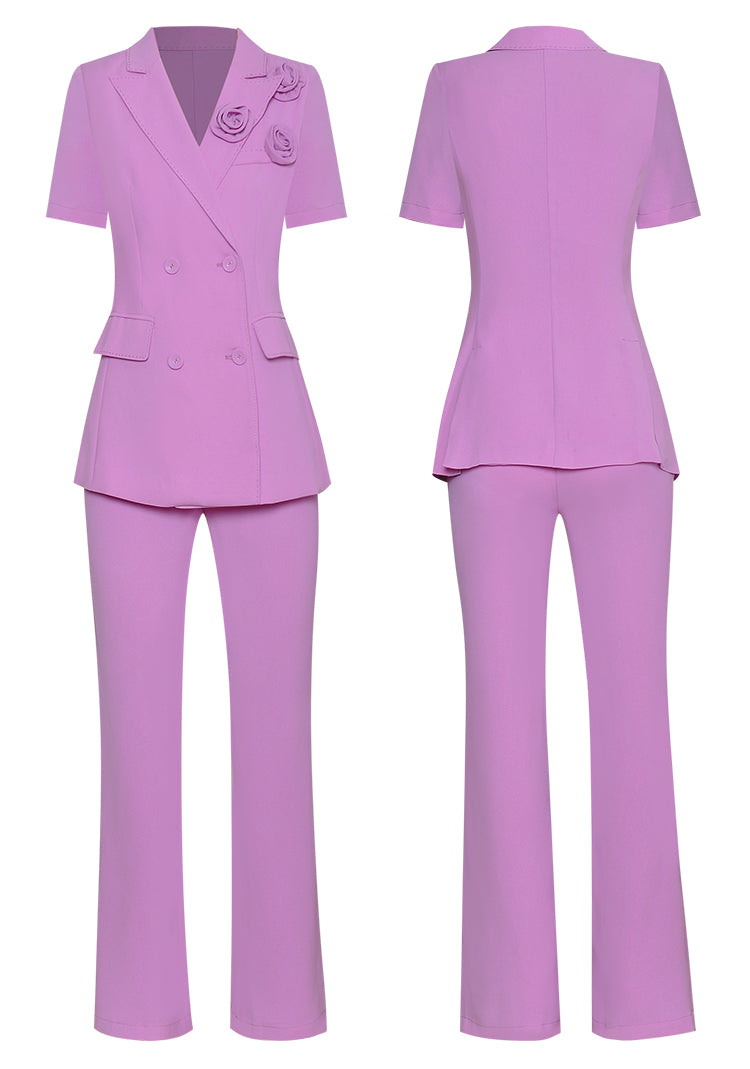 Elsie  Two-Piece Short sleeve Applique Blazer and Pants Suit Set