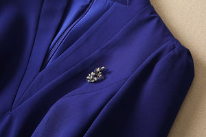 Marge V-Neck 3/4 Sleeve Crystal Brooch Pockets Office Lady Dress