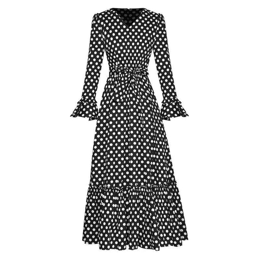 Chiara Elegantes Kleid mit V-Ausschnitt und ausgestellten Ärmeln, schwarzes Tupfenmuster