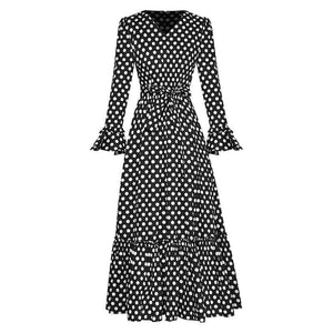 Chiara V-Collar Flare Sleeve Black Polka Dot Print Elegant Dress