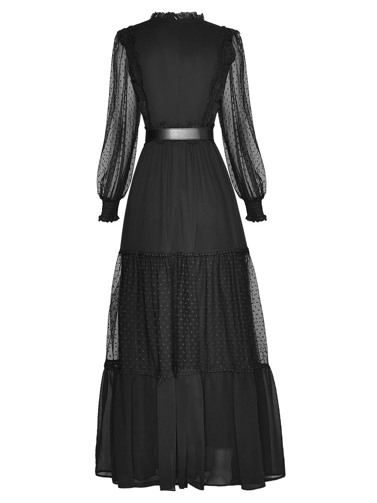 فستان Alessia طويل الأكمام شبكي منقط بالدانتيل وأوشحة سوداء للحفلات الطويلة
