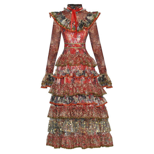 فستان الحفلات الكلاسيكي من Elvera بياقة واقفة وأكمام واسعة مزين بالترتر والكشكشة وطبعة زهور