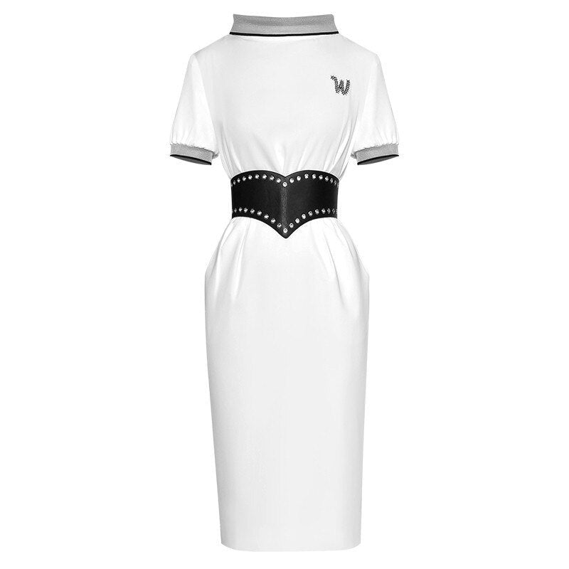 Whitney Embroidered Sashes Office Lady Slim White  Pencil Dress