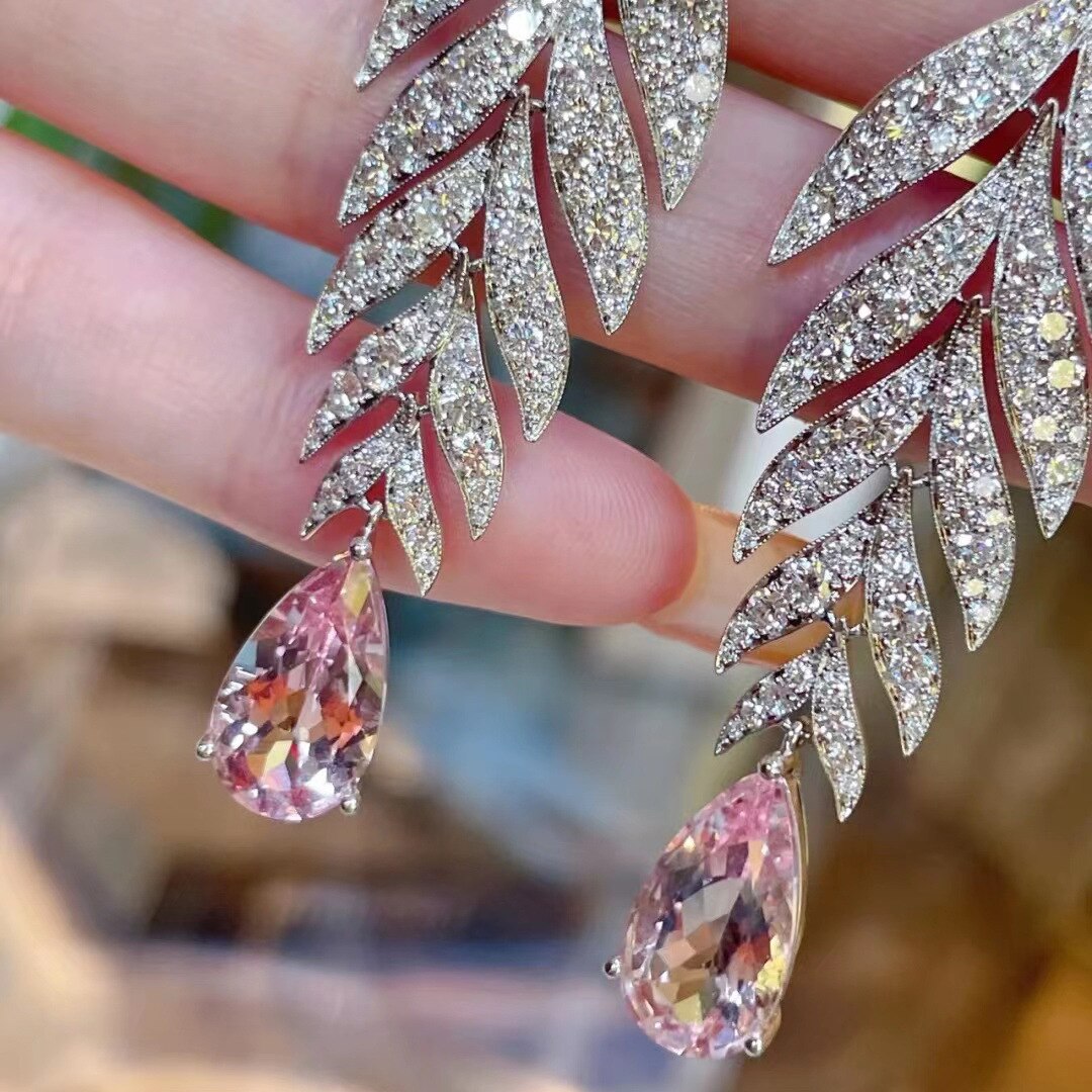Tassels Leaf Pink Diamond Dangle Earring 925 sterling silver
