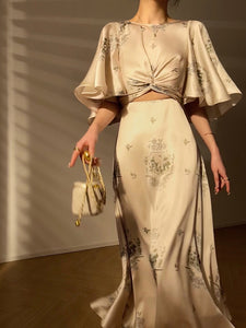 Graziana  French Luxury Cross O-neck Printed Temperament Midi Dress