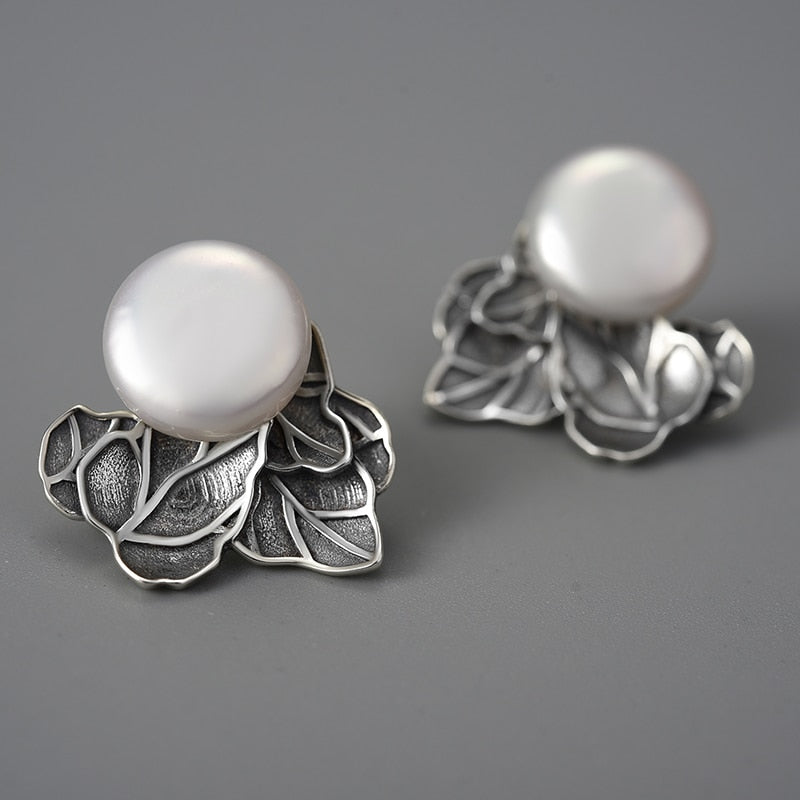 Vintage Natural Baroque Pearl Leaves Stud Earrings for Women Real 925 Sterling Silver Original Fashion Jewelry