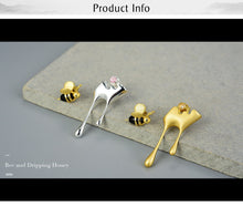 Load image into Gallery viewer, Gold Bee and Dripping Honey Asymmetric Stud 925 Sterling Silver Handmade Fine Jewelry Earrings