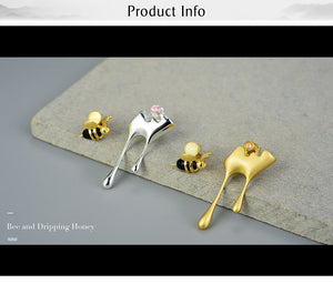 Gold Bee and Dripping Honey Asymmetric Stud 925 Sterling Silver Handmade Fine Jewelry Earrings