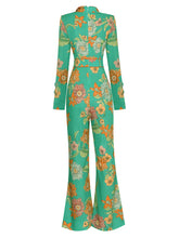Load image into Gallery viewer, Amada Turn-down Collar Long Sleeve Flower Print Casual Flare Jumpsuit