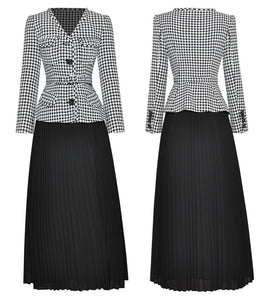 Electra V-Neck Long Sleeve Plaid Tweed Patchwork Belt Pleated Dress