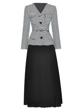 Load image into Gallery viewer, Electra V-Neck Long Sleeve Plaid Tweed Patchwork Belt Pleated Dress