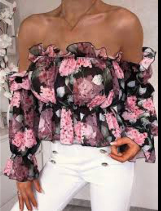 Women  Floral Print Off Shoulder Ruffles Blouse  Spring Tops and Blouses