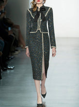 Load image into Gallery viewer, Amali Winter Tweed Suit -Stand Collar Bow Beading Coat and Split Skirt Two Pieces Set