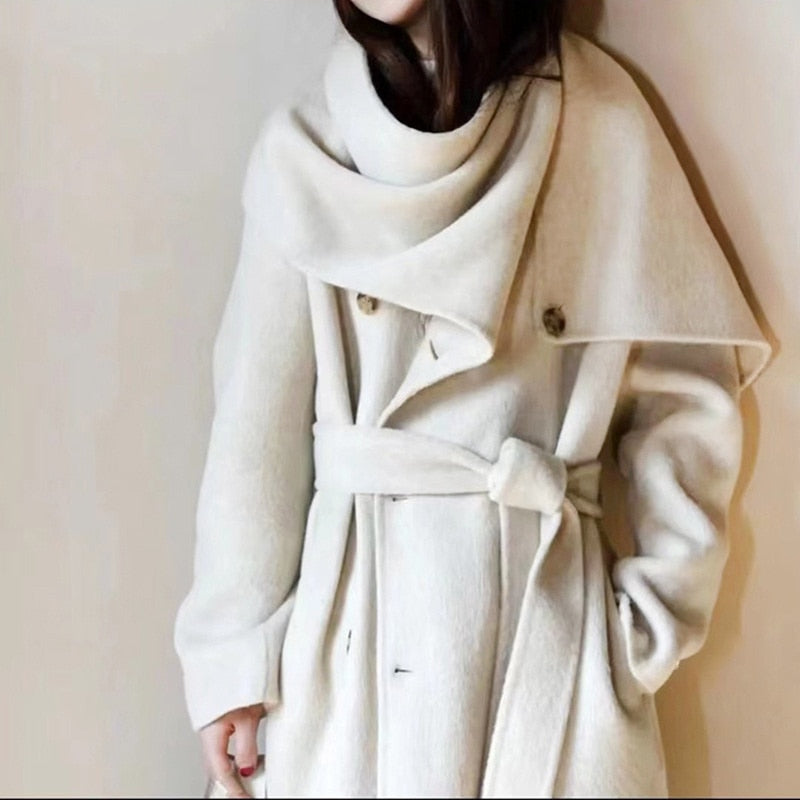 Double-breasted Solid Double-sided Woolen  Shawl Scarf Collar Coat