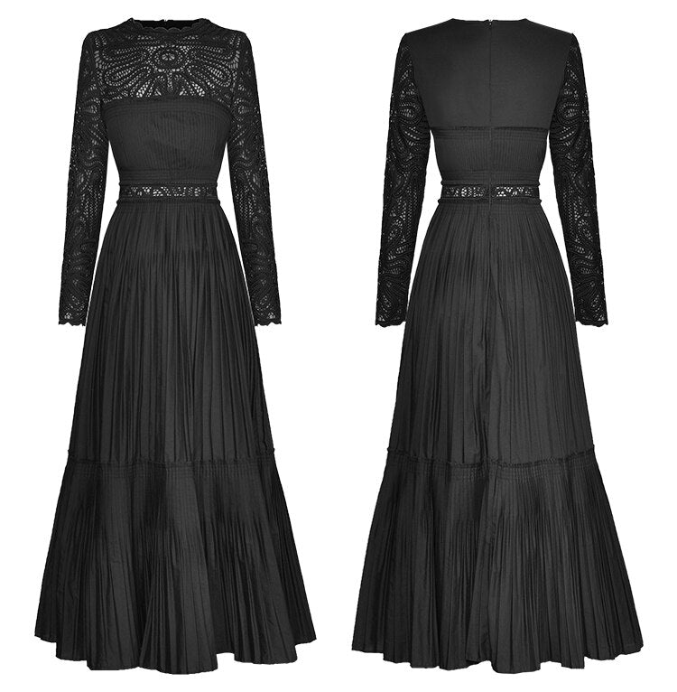 Charlie  O-Neck Long Sleeve Hollow Out Black Pleated Dress