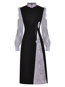 Eloise Floral Bead Dress Stand Neck Pan Buckle Long-sleeve Contrast Princess Dress