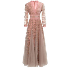 Load image into Gallery viewer, Riley Mesh Dress V-Neck Long Sleeve Floral Embroidery Party Long Dress
