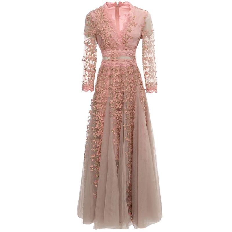 Riley Mesh Dress V-Neck Long Sleeve Floral Embroidery Party Long Dress