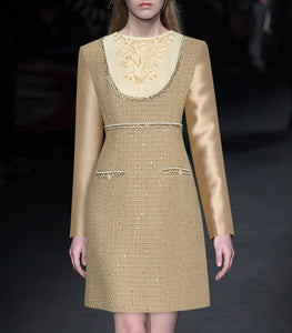 Venezia   O-Neck Long Sleeve Beading Embroidery Plaid Tweed Dress