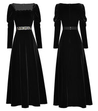 Load image into Gallery viewer, Elaine Square Collar Puff Sleeve Diamonds Belt Solid Vintage Long Dress