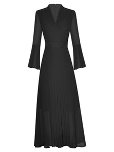 Lennon V-Neck Flare Sleeve Office Lady Solid Pleated Midi Dress