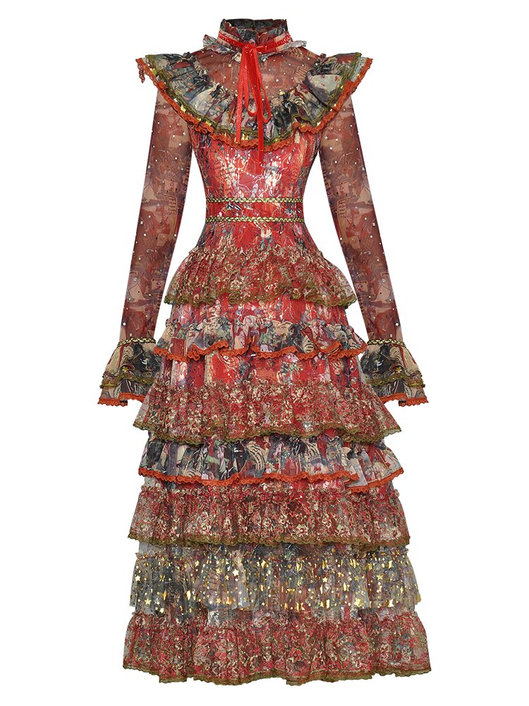 Elvera Stand Collar Flare Sleeve Sequins Ruffles Flower Print Vintage Party Dress