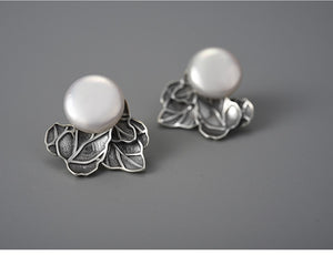 Vintage Natural Baroque Pearl Leaves Stud Earrings for Women Real 925 Sterling Silver Original Fashion Jewelry