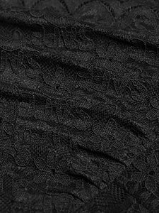 Abigail Lace V-Neck Long Sleeve Crystal Belt Mesh Patchwork Black Vintage Dress