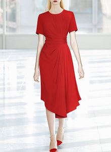 Trinity O neck Short sleeves Draped Slim Asymmetrical Red Casual Dress