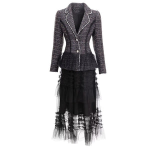 Sierra Office Skirts Set Women Notched Lace Grey Blazer Coat and Balck Mesh Skirts 2 Pieces Suit