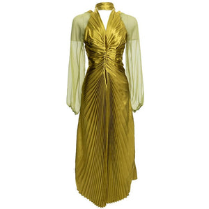 Elizabeth V-Neck Patchwork Lantern Sleeve Elegant Party Split Pleated Dress