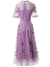Load image into Gallery viewer, Emerson Mesh Dress Stand Collar Short Sleeve Flower Embroidery Vintage Long Dress