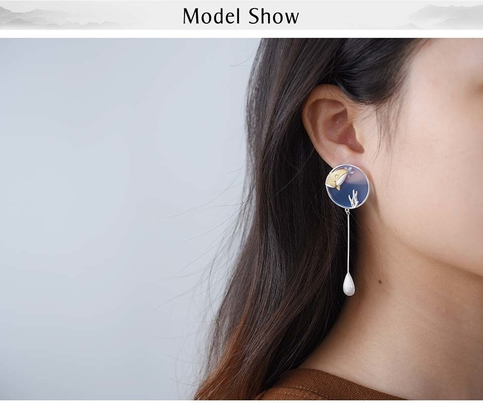 Agate  Gemstone Whale Asymmetrical Long Drop Earrings for Women 925 Sterling Silver Jewelry