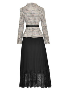 Aria Long Sleeve Plaid Tweed Patchwork Belt  Pleated Lace Hem Dress