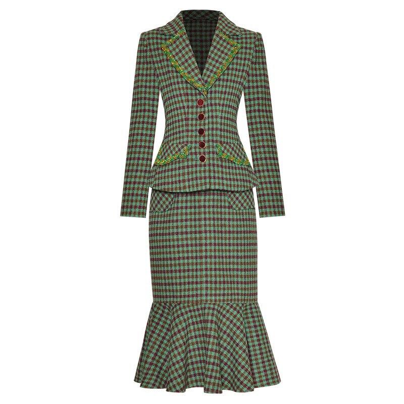 Clover Plaid Suit Women Long Sleeve Beading Jacket + Mermaid Skirt Office Lady Two Pieces Set