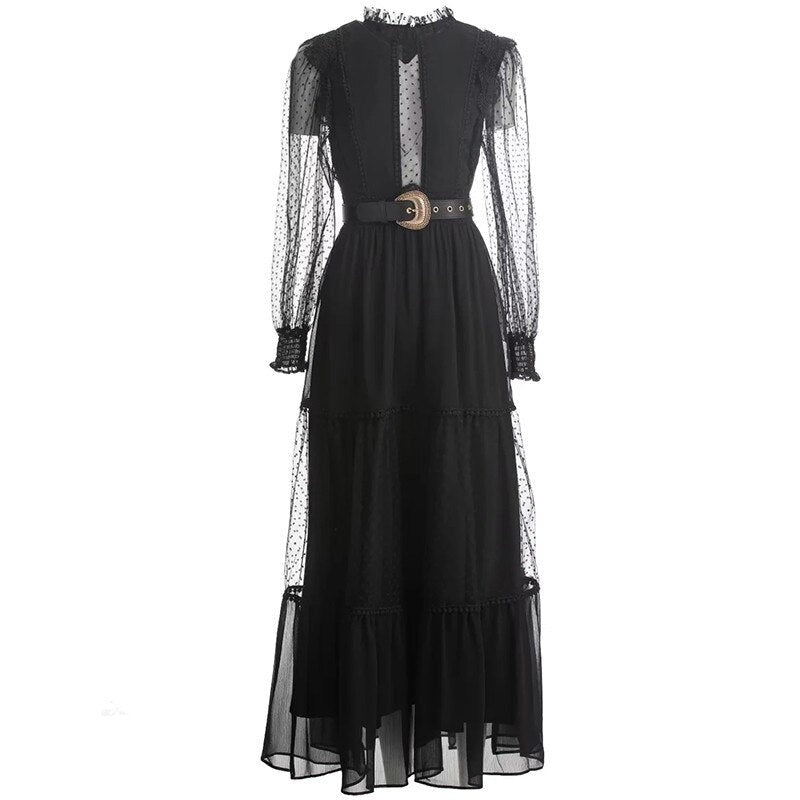فستان Alessia طويل الأكمام شبكي منقط بالدانتيل وأوشحة سوداء للحفلات الطويلة