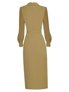 Ligia Peter pan Collar Folds Lantern Sleeve Belt Solid Office Lady Midi Dress